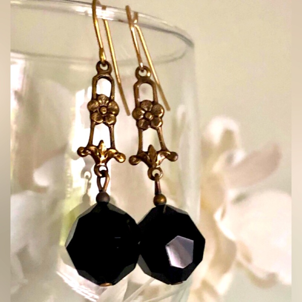 Black Faceted Bead Drop Earrings